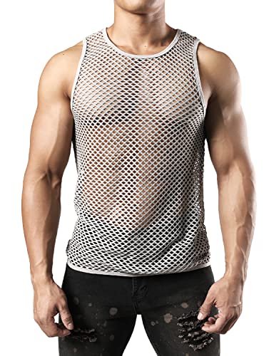 JOGAL Herren Muskel Transparent Shirts ärmellos Netz Unterhemd Grau Mittel von JOGAL
