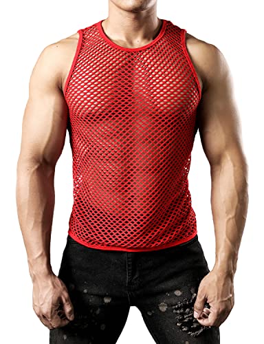 JOGAL Herren Muskel Transparent Shirts ärmellos Netz Unterhemd Large Rot von JOGAL