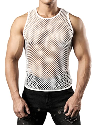 JOGAL Herren Muskel Transparent Shirts ärmellos Netz Unterhemd Large Weiß von JOGAL