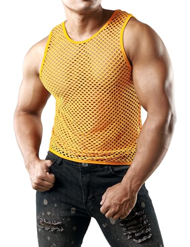 JOGAL Herren Muskel Transparent Shirts ärmellos Netz Unterhemd Medium Orange von JOGAL