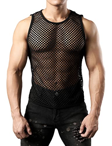 JOGAL Herren Muskel Transparent Shirts ärmellos Netz Unterhemd Medium Schwarz von JOGAL