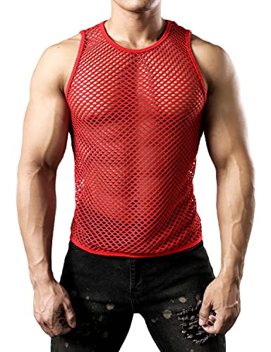 JOGAL Herren Muskel Transparent Shirts ärmellos Netz Unterhemd Small Rot von JOGAL