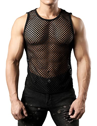 JOGAL Herren Muskel Transparent Shirts ärmellos Netz Unterhemd Small Schwarz von JOGAL