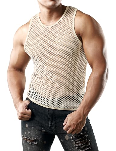 JOGAL Herren Muskel Transparent Shirts ärmellos Netz Unterhemd X-Large Beige von JOGAL
