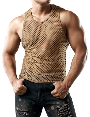 JOGAL Herren Muskel Transparent Shirts ärmellos Netz Unterhemd X-Large Braun von JOGAL