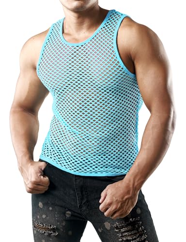 JOGAL Herren Muskel Transparent Shirts ärmellos Netz Unterhemd X-Large Himmel Blau von JOGAL