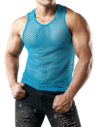 JOGAL Herren Muskel Transparent Shirts ärmellos Netz Unterhemd X-Large Ozean Blau von JOGAL
