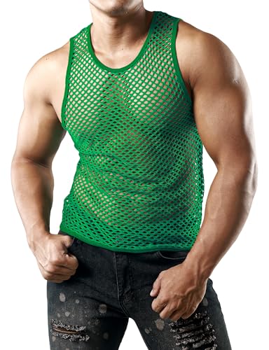 JOGAL Herren Muskel Transparent Shirts ärmellos Netz Unterhemd XX-Large Gras Grün von JOGAL
