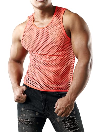 JOGAL Herren Muskel Transparent Shirts ärmellos Netz Unterhemd XX-Large Koralle von JOGAL