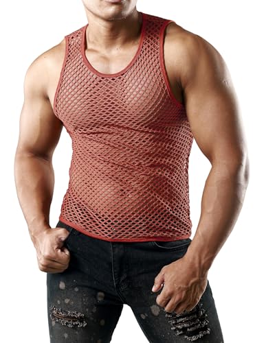 JOGAL Herren Muskel Transparent Shirts ärmellos Netz Unterhemd XX-Large Rot Braun von JOGAL