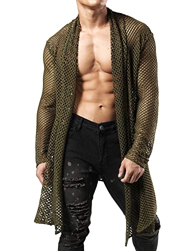 JOGAL Herren Muskel Transparent Strickjacke Netz Hemden Langarm Top Armee Grün Groß von JOGAL