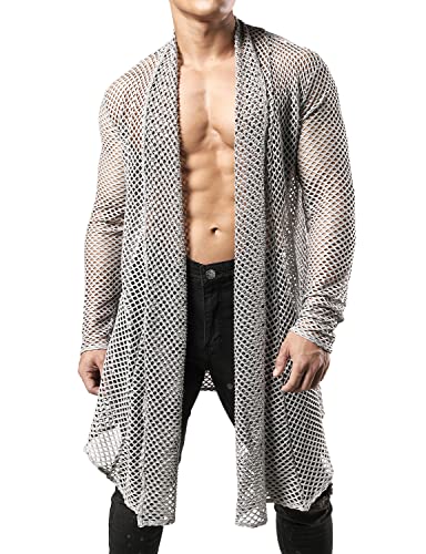 JOGAL Herren Muskel Transparent Strickjacke Netz Hemden Langarm Top Grau Mittel von JOGAL