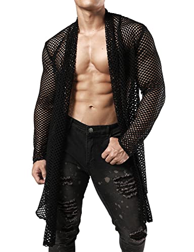 JOGAL Herren Muskel Transparent Strickjacke Netz Hemden Langarm Top Schwarz Groß von JOGAL