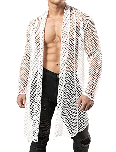 JOGAL Herren Muskel Transparent Strickjacke Netz Hemden Langarm Top Weiß Groß von JOGAL