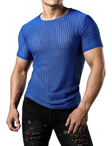 JOGAL Herren Netz Durchsehen Fitted Kurzarm Muskeln Top Blau Mittel von JOGAL