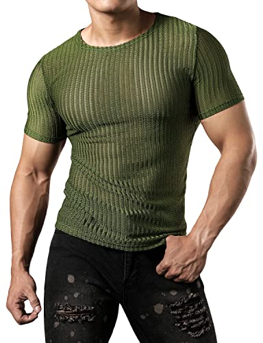 JOGAL Herren Netz Durchsehen Fitted Kurzarm Muskeln Top Grün XX-Large von JOGAL
