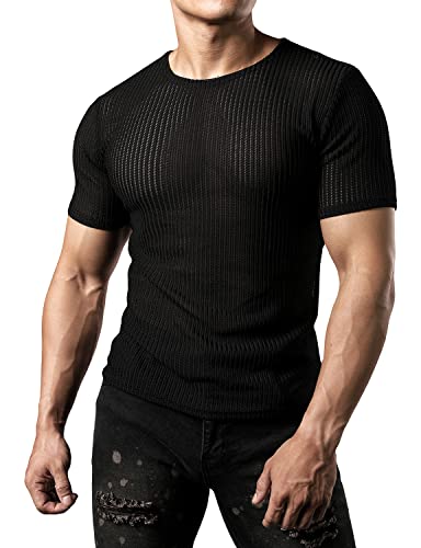 JOGAL Herren Netz Durchsehen Fitted Kurzarm Muskeln Top Schwarz Klein von JOGAL