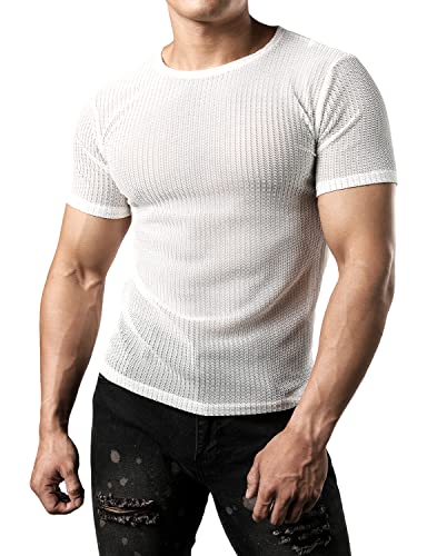 JOGAL Herren Netz Durchsehen Fitted Kurzarm Muskeln Top Weiß Klein von JOGAL