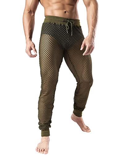 JOGAL Herren Netz Fischnetzhose Muskel Transparent Hose Mesh Durchsichtige Muskelleggings mit Kordelzug Armee Grün Groß von JOGAL