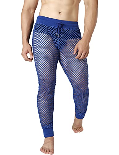 JOGAL Herren Netz Fischnetzhose Muskel Transparent Hose Mesh Durchsichtige Muskelleggings mit Kordelzug Blau Klein von JOGAL