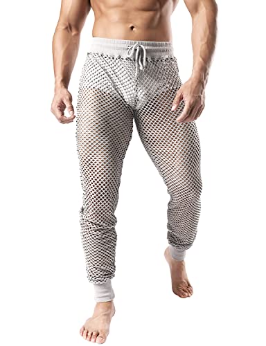 JOGAL Herren Netz Fischnetzhose Muskel Transparent Hose Mesh Durchsichtige Muskelleggings mit Kordelzug Grau Groß von JOGAL