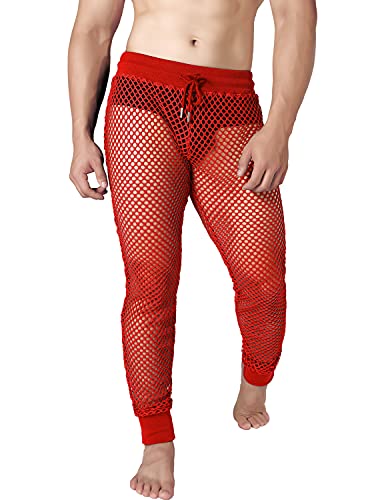 JOGAL Herren Netz Fischnetzhose Muskel Transparent Hose Mesh Durchsichtige Muskelleggings mit Kordelzug Rot Groß von JOGAL