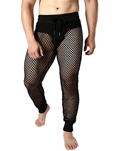 JOGAL Herren Netz Fischnetzhose Muskel Transparent Hose Mesh Durchsichtige Muskelleggings mit Kordelzug Schwarz Groß von JOGAL