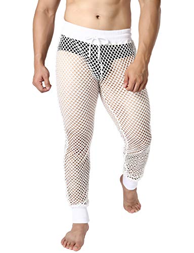 JOGAL Herren Netz Fischnetzhose Muskel Transparent Hose Mesh Durchsichtige Muskelleggings mit Kordelzug Weiß Groß von JOGAL