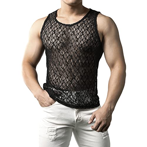 JOGAL Herren Netzshirt Spitzen Tank Tops Transparent ärmellos T-Shirt Männer Lace Shirts Muskel Netz Oberteil Schwarz Blumen L von JOGAL