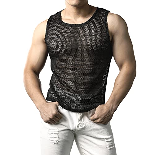 JOGAL Herren Netzshirt Spitzen Tank Tops Transparent ärmellos T-Shirt Männer Lace Shirts Muskel Netz Oberteil Schwarz Diamant L von JOGAL