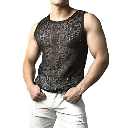 JOGAL Herren Netzshirt Spitzen Tank Tops Transparent ärmellos T-Shirt Männer Lace Shirts Muskel Netz Oberteil Schwarz L von JOGAL