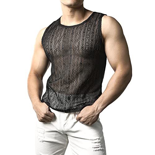 JOGAL Herren Netzshirt Spitzen Tank Tops Transparent ärmellos T-Shirt Männer Lace Shirts Muskel Netz Oberteil Schwarz M von JOGAL