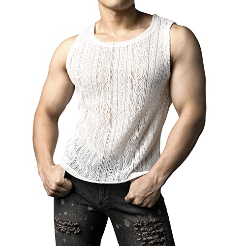 JOGAL Herren Netzshirt Spitzen Tank Tops Transparent ärmellos T-Shirt Männer Lace Shirts Muskel Netz Oberteil Weiß M von JOGAL