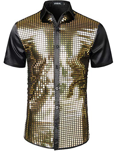 JOGAL Herren Pailletten Hemd 70er Kurzarm Disco Party Kostüm Large SchwarzGold von JOGAL