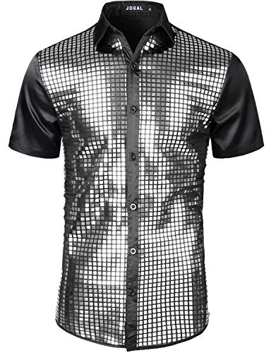 JOGAL Herren Pailletten Hemd 70er Kurzarm Disco Party Kostüm Large SchwarzSilber von JOGAL