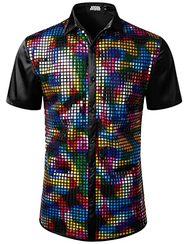 JOGAL Herren Pailletten Hemd 70er Kurzarm Disco Party Kostüm Mehrfarbig X-Larg von JOGAL