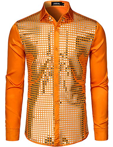 JOGAL Herren Pailletten Hemd 70er Langarm Disco Party Kostüm (Orange Selber, Small) von JOGAL