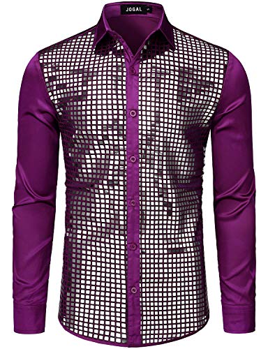 JOGAL Herren Pailletten Hemd 70er Langarm Disco Party Kostüm (Violett Selber, Large) von JOGAL