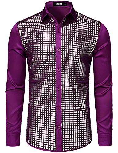 JOGAL Herren Pailletten Hemd 70er Langarm Disco Party Kostüm (Violett Selber, XX-Large) von JOGAL