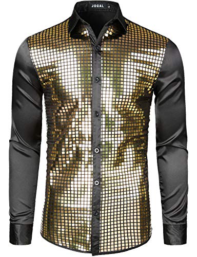 JOGAL Herren Pailletten Hemd 70er Langarm Disco Party Kostüm Large Gold von JOGAL