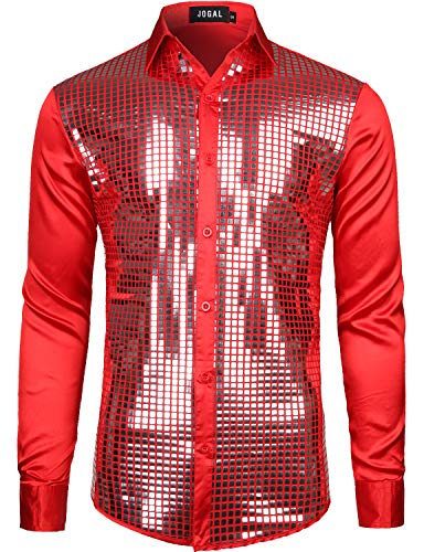 JOGAL Herren Pailletten Hemd 70er Langarm Disco Party Kostüm Large Rot von JOGAL