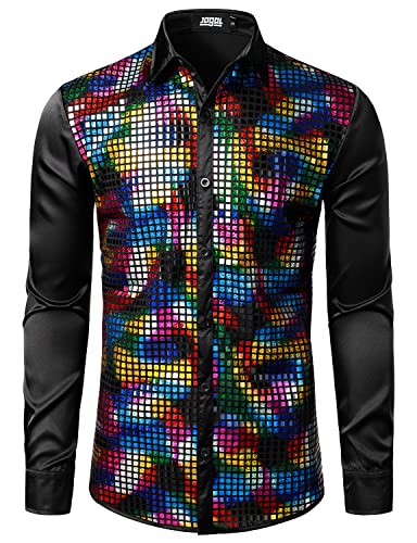 JOGAL Herren Pailletten Hemd 70er Langarm Disco Party Kostüm Mehrfarbig XX-Large von JOGAL