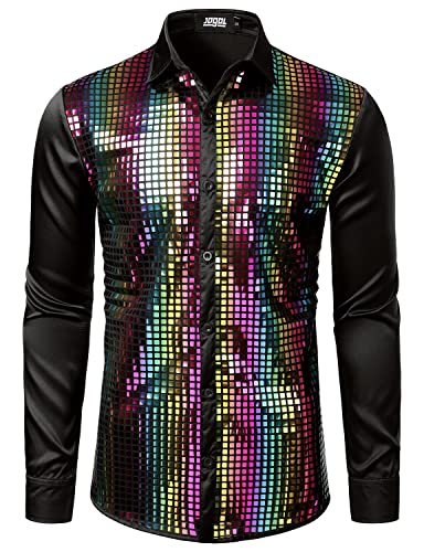 JOGAL Herren Pailletten Hemd 70er Langarm Disco Party Kostüm Regenbogen X-Large von JOGAL