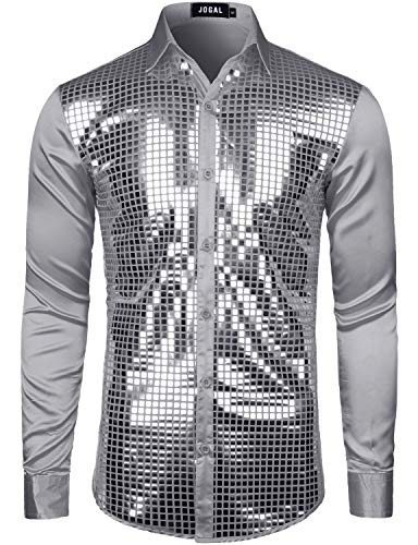 JOGAL Herren Pailletten Hemd 70er Langarm Disco Party Kostüm X-Large Grau von JOGAL