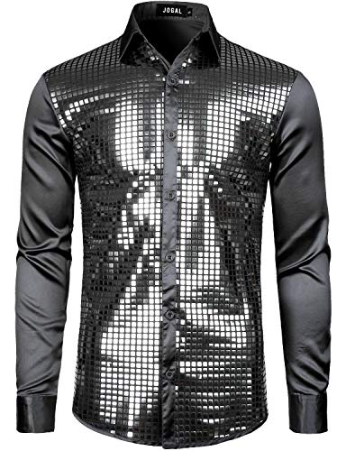 JOGAL Herren Pailletten Hemd 70er Langarm Disco Party Kostüm X-Large Schwarz von JOGAL