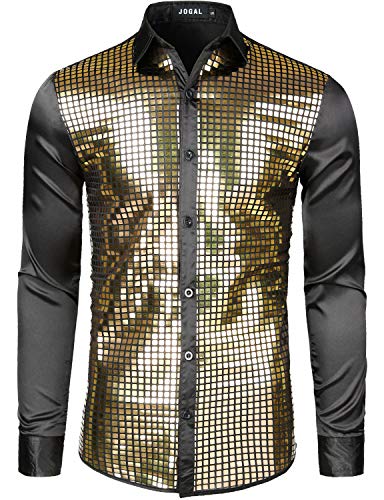 JOGAL Herren Pailletten Hemd 70er Langarm Disco Party Kostüm XX-Large Gold von JOGAL