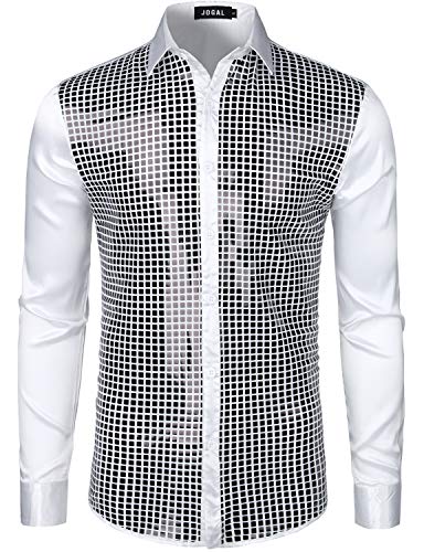 JOGAL Herren Pailletten Hemd 70er Langarm Disco Party Kostüm XX-Large Weiß von JOGAL