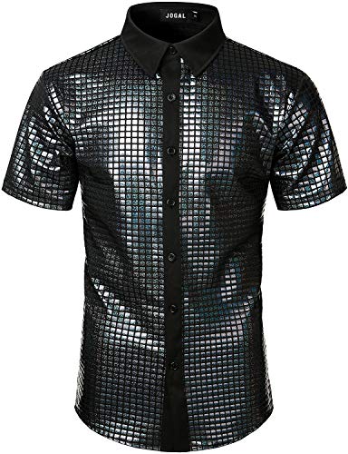 JOGAL Herren Pailletten Kleid Shirt 70er Disco Party Kustüm (Schwarz, Large) von JOGAL