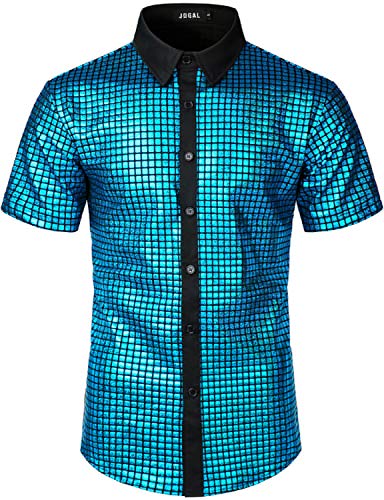 JOGAL Herren Pailletten Kleid Shirt 70er Disco Party Kustüm Large See Blau von JOGAL