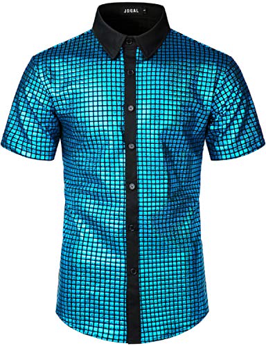 JOGAL Herren Pailletten Kleid Shirt 70er Disco Party Kustüm Small See Blau von JOGAL